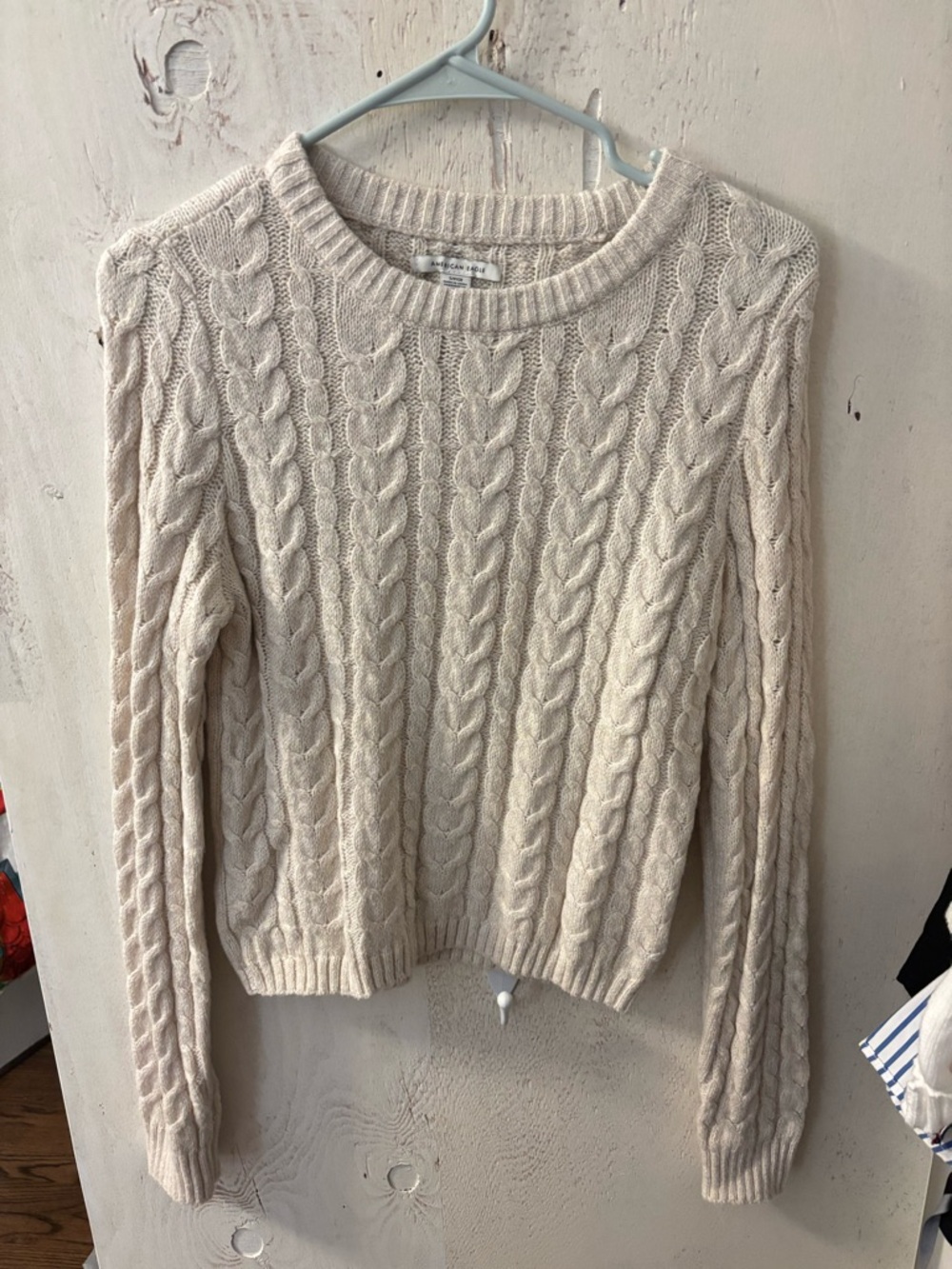 American Eagle Outfitters Cream Cable-Knit Crewneck Sweater